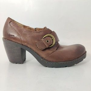 Born Concept BOC Brown Leather Booties Shoes Slip On High Heel Womens 8.5 M/W